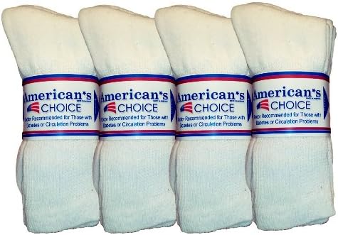 12 Pair Americans Choice Diabetic Socks Crew Length White Black 10-13 9-11 (10W)