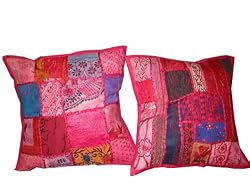 Thanks Giving-2 Deep Pink Embroidery Sari Toss Pillow Cushion Covers Free Shipping