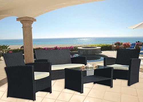 inQbrands 4 Pieces Outdoor Patio Garden Furniture Wicker Rattan Sofa Set Sectional, Beige Cushioned, Black