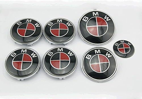 Weiling793 BMW Classic Look Red/Black Carbon Fiber Emblem Logo Badge Set 82mm Hood Emblem 74mm Trunk Emblem 44mm Steering Wheel Emblem 68mm Wheel Center Caps 7-pcs Set
