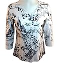 Katina Marie - Mona Lisa Casual "Chateau" 3/4 Sleeve, Rhinestone Studded, Pre-Washed, Printed V-Neck Cotton Top - White