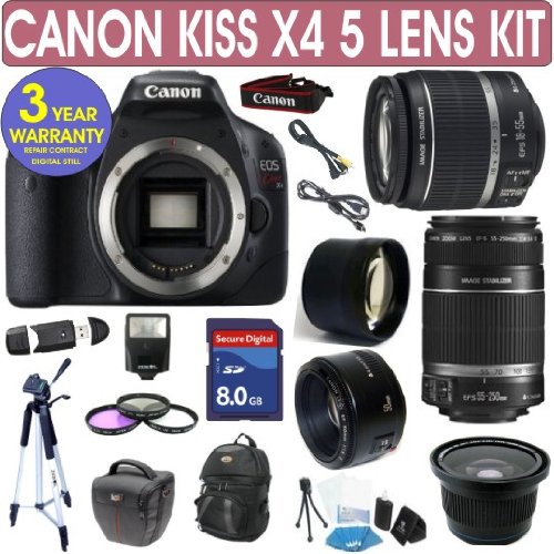 Canon Rebel KISS X4 + Canon 18-55mm Lens + Canon 55-250mm Lens + Canon 50mm Lens + .40x Fisheye Lens + 2x Telephoto Lens + 3 Year Celltime Warranty Repair Contract