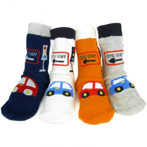 KF Baby Boy Non-Skid Cozy Soft Cotton Socks Value Pack [Set of 4 pairs, White, Grey, Orange, Dark Blue], for 12 - 24 months