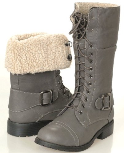 Hot Womens Riding Ankle-High Gray Combat Boots
