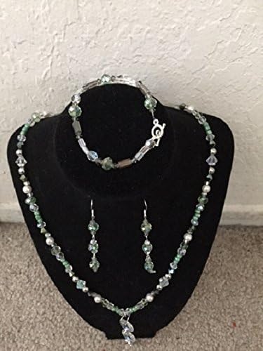 Jewelry Set, Dangle Necklace, bracelet, and matching earring. Light spring green with shiny beautiful white purls, made from all crystal and glass.