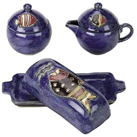 MARA Stoneware CREAMER SUGAR BOWL And BUTTER DISH Fish Blue Design SET by CollectibleXchange