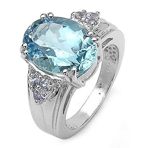 7.70 Carat Genuine Blue Topaz Ovals and Tanzanite Rounds Sterling Silver Ring by