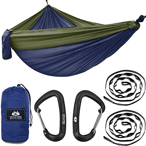 Castle Peak Outfitters XL Double Camping Hammock Swing With Straps And Premium Carabiners - Parachute Nylon, Hanging Hammock For Sleeping, Bedroom, Yard, Outdoors (Navy/Green Pkg)