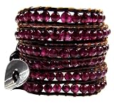 Wrap Bracelet Juliet Plum Agate Beads on Brown Leather, Extra Long Gemstone Wrap Bracelet