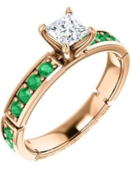 18K Rose Gold Princess Cut Diamond and Emerald Ring -- LIFETIME WARRANTY