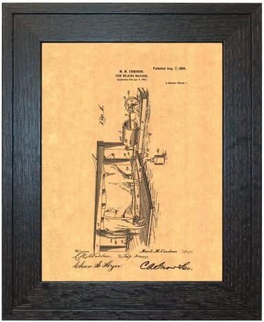 Cow-milking Machine Patent Art Print in a Rustic Oak Wood Frame (16" x 20")