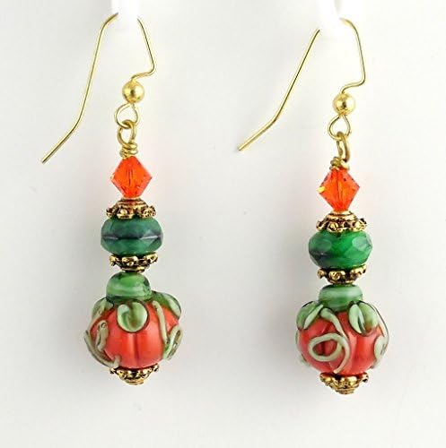 Orange and Green Handmade Crystal Pumpkin Lampwork Halloween Earrings With Malachite Beads and Gold Color Pierced Earring Wires