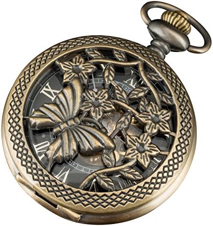 PACIFISTOR Mechanical Pocket Watch Butterfly Engraving Pendant Black Dial With Box and Chain #PX-031-BRZ