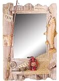 Raised Trout Fish Wooden Mirror (Lantern, Fishing Pole & Net Accents) 20-inch
