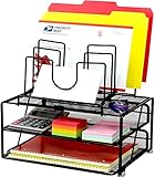 DecoBros Mesh Desk Organizer with Double Tray and 5 Stacking Sorter Sections, Black