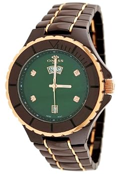 Oniss #ON8015-MDDRG Men's Rose Gold Trim Burgandy Ceramic Watch (Green MOP Dial)