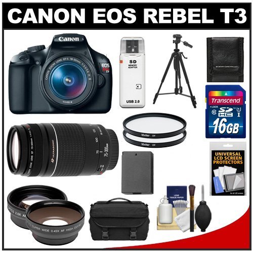 Canon EOS Rebel T3 Digital SLR Camera Body & EF-S 18-55mm IS II Lens with 75-300mm III Lens + 16GB Card + .45x Wide Angle & 2x Telephoto Lenses + Battery + (2) Filters + Tripod + Accessory Kit
