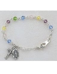 Sterling Silver 5 1/2" L Multi Colorl Beads Baby Bracelet, Infant Jewlery, Girls Rosary Bracelet, Crucifix Cross & St. Mary Miraculous Medal Charms