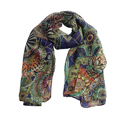 Ammazona Fashion Women Girl Chiffon Printed Silk Long Soft Scarf Shawl Scarf (Navy)