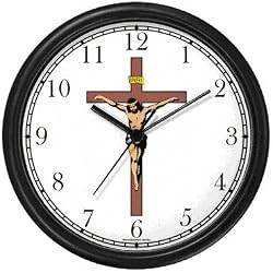 Jesus Christ on Cross or Crucifix Christian Theme Wall Clock by WatchBuddy Timepieces (Black Frame)
