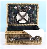 from Picnic Hampers by Web Hampers The USK CLASSIC DE LUXE 2 Person Green Willow and Buff Willow Picnic Hamper with ceramic plates, wine glasses, stainless steel cutlery, bottle opener and white tablecloth and napkins