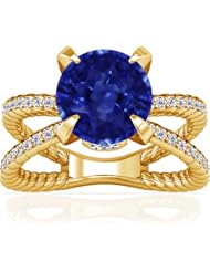 14K Yellow Gold Round Cut Blue Sapphire Ring With Sidestones