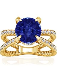 18K Yellow Gold Round Cut Blue Sapphire Ring With Sidestones