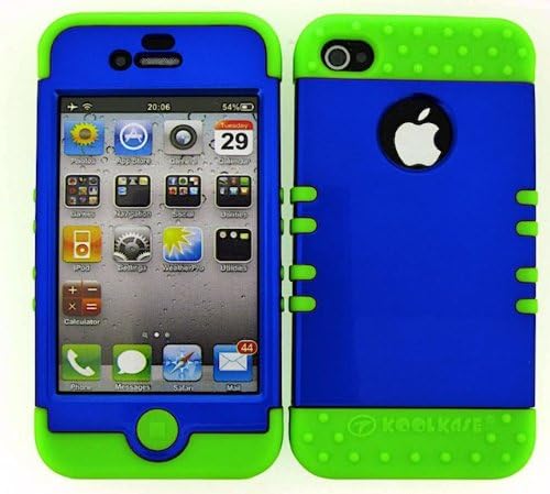 For Apple Iphone 4 4s Glossy Blue Heavy Duty Case + Lime Green Rubber Skin Accessories