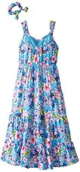 Girls Polyester/Knit Elasticized   Waistline Tropical Print High-Low-Hem Lace Maxi Dress 