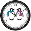 Two Penguins in Colorful Scarfs - Penguin Cartoon - JP Wall Clock by WatchBuddy Timepieces (Black Frame)
