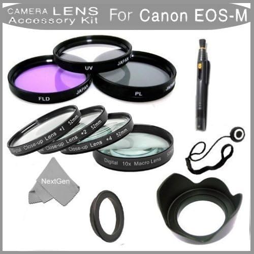 Pro 7pc Filter Kit For New Canon EOS M 18.0 MP Compact Cam(EF-M 22mm f/2 STM & EF-M 18-55mm lens)+43mm-52mm Ring Adapter+Multi-Coated 3PC Filter Kit(UV,CPL,FLD)+Close Up Kit+1+2+4+10+Lens Hood+Cloth!