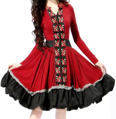 Artka Women's Ethnic Floral Patchwork Embroidery Slim Fit Swing Dress,Maroon,M