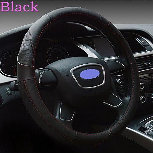 Automotive Interior Accessories Universal Leather Steering Wheel Cover Emboss Soft Top Cowhide Breathable Anti-Sweat Slip Steering Wheel Cover Wrap (38cm Outer Diameter,Black+Black)