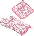 DII 100% Cotton, Machine Washable, Everyday Kitchen Basic, Damask Printed Oven Mitt and Potholder Gift Set, Pink