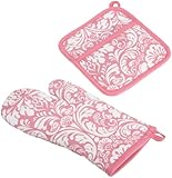 DII 100% Cotton, Machine Washable, Everyday Kitchen Basic, Damask Printed Oven Mitt and Potholder Gift Set, Pink