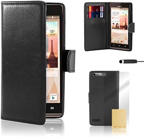 32nd® Book wallet PU leather case cover for Huawei Ascend G7, including screen protector, cleaning cloth and touch stylus - Black