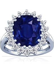 14K White Gold Cushion Cut Blue Sapphire Ring With Sidestones