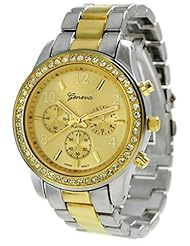Geneva Platinum Womens TwoTone Quartz Watch Gold Dial Chronograph Look-2Tone