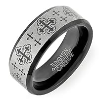 Tungsten Carbide Men's Ladies Unisex Ring Wedding Band 8MM (5/16 inch) Laser Engraved Black Beveled Edge Brushed Comfort Fit (Available in Sizes 8 to 12) size 12