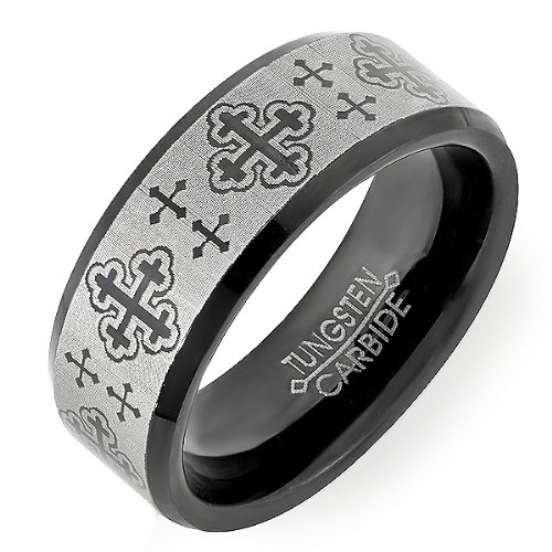 Tungsten Carbide Men's Ladies Unisex Ring Wedding Band 8MM (5/16 inch) Laser Engraved Black Beveled Edge Brushed Comfort Fit (Available in Sizes 8 to 12)