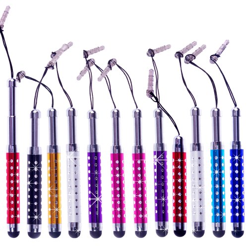 Premium Crystal encrusted Diamond *BLING* Stylus Pens! 12 pieces Adjustable Stylus Pens compatible with iPad 1 2 3 4 Mini, iPhone 3 3G 3GS 4 4S 5, iPod Touch 3 4 5 , Adroid Tablets, Samsung Galaxy Tablet - ECO-FUSED® Microfiber Cleaning Cloth 5.5x3.0