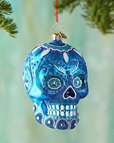 Christopher Radko Blue La Calavera Day of the Dead Skull Glass Christmas Ornament