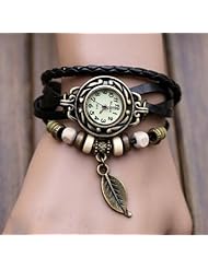 Sannsis 1PC Black Vintage Womens Leather Quartz Leaf Beads Wrist Watches