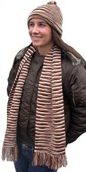 Handmade Alpaca Natural Fiber Scarf and Hat Set - Mocha Stripes [Apparel]