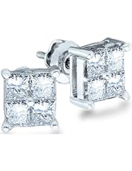 14k Yellow OR White Gold Princess Square Cut Channel Set Diamond 4-Prong Stud Earrings - 5mm Height * 5mm Width (1/4 cttw)