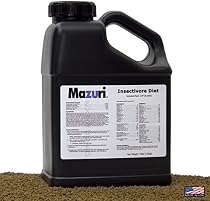 Mazuri Insectivore Diet (1/8in. round particle) designed to simulate the high protein (28%), high fiber (13%) diet of insectivorous animals, including reptiles, amphibians , mammals (Hedgehogs, Sugar Gliders), and birds. 4 Pounds (1.8kg)

