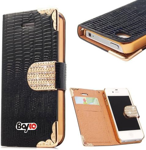 Bayke Brand / Apple iPhone 5S Fashion Luxury Designer PU Leather Wallet Type Magnet Glitter Bling Crystal Rhinestone Flip Case Cover with Credit Card Holder Slots (Lizard Skin / Black)
