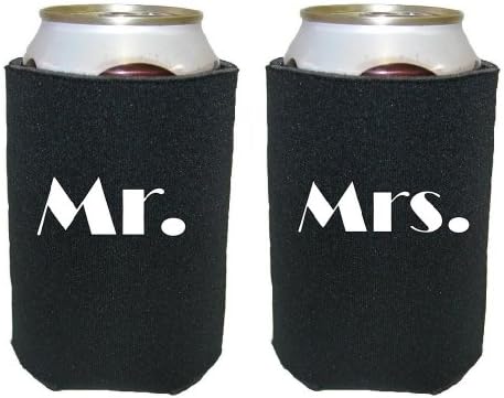 Mashed Mugs - Mr. (White Print)/Mrs. (White Print) - 2-Pack Collapsible Scuba Foam Can Coolers/Coolies (Black & Black)