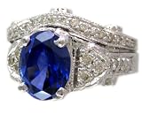 14K White Gold 3.35Ctw Oval Sapphire With Round Cut Diamonds Art-Deco Antique Style Ring