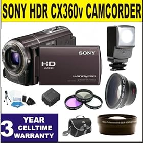 Sony HDR CX360v Camcorder w/ .45x Wide Angle Lens + 2x Telephoto Lens + 3 Piece Filter Kit + LED Video Light + 3 Year Celltime Warranty